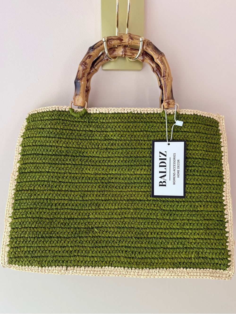 Baldiz Piper Bamboo Bag Olive Green Hay Raffia Tote NWT Retail $245